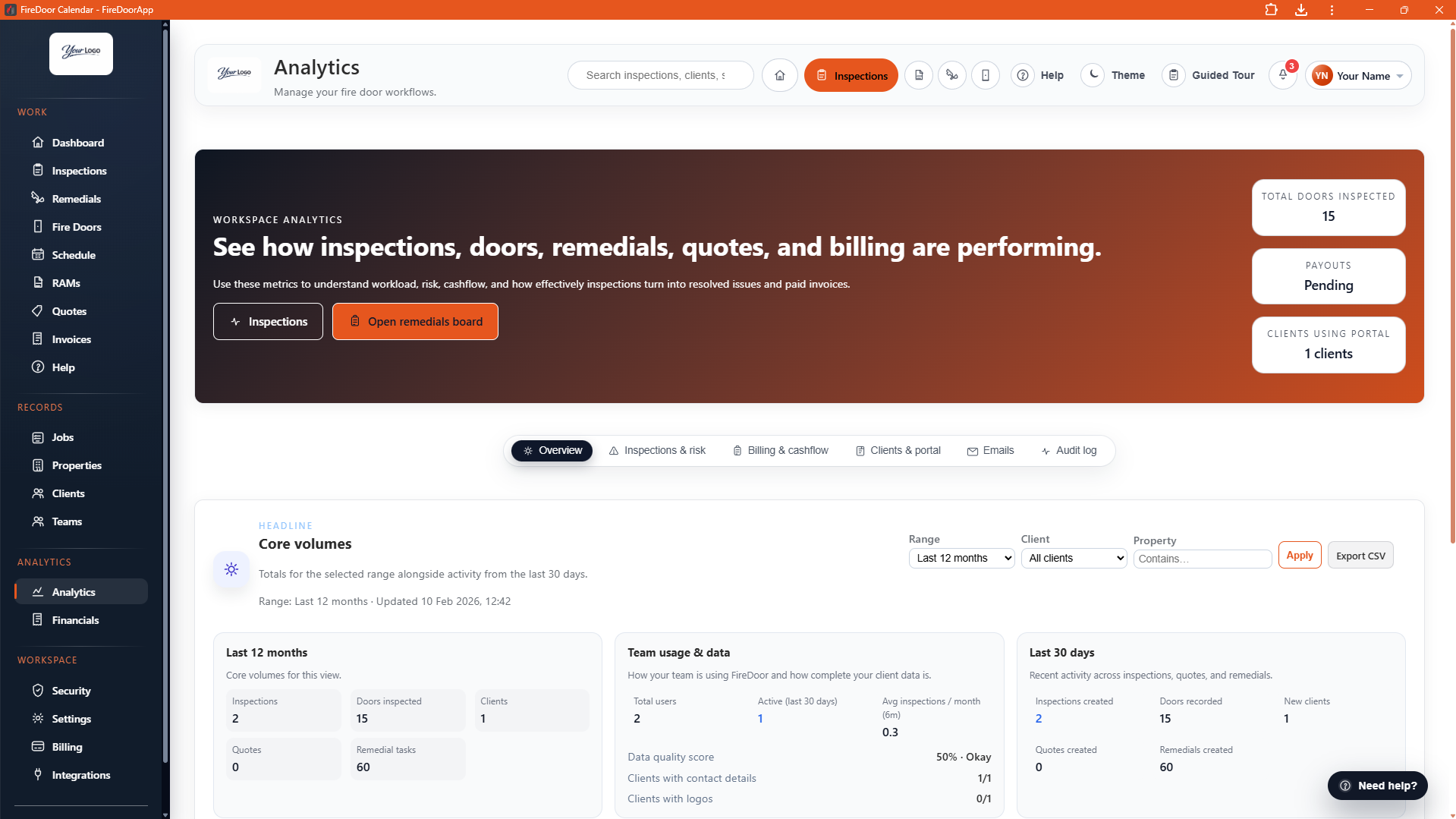 Fire Door App analytics and reporting overview.