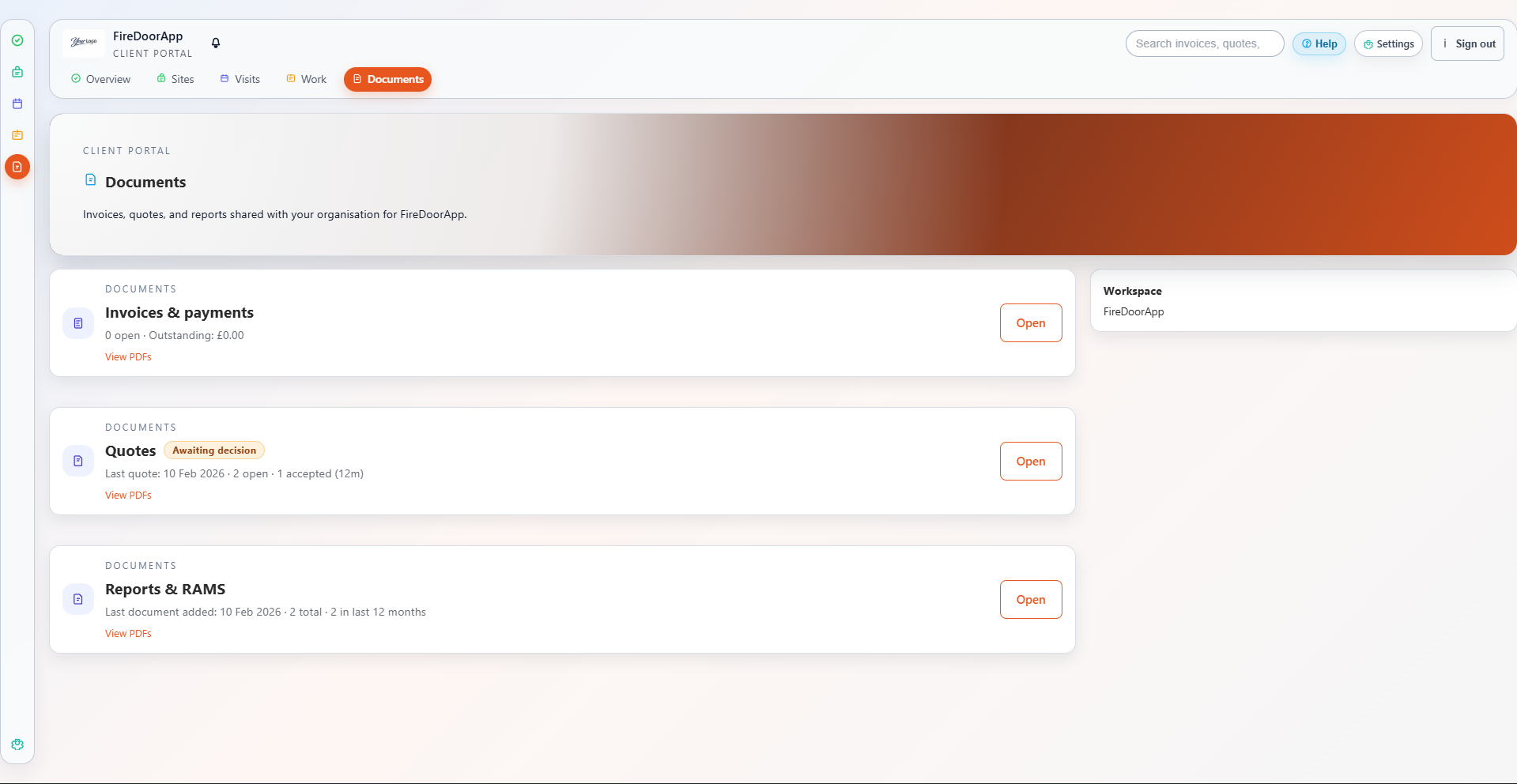 Client portal documents and payments view.