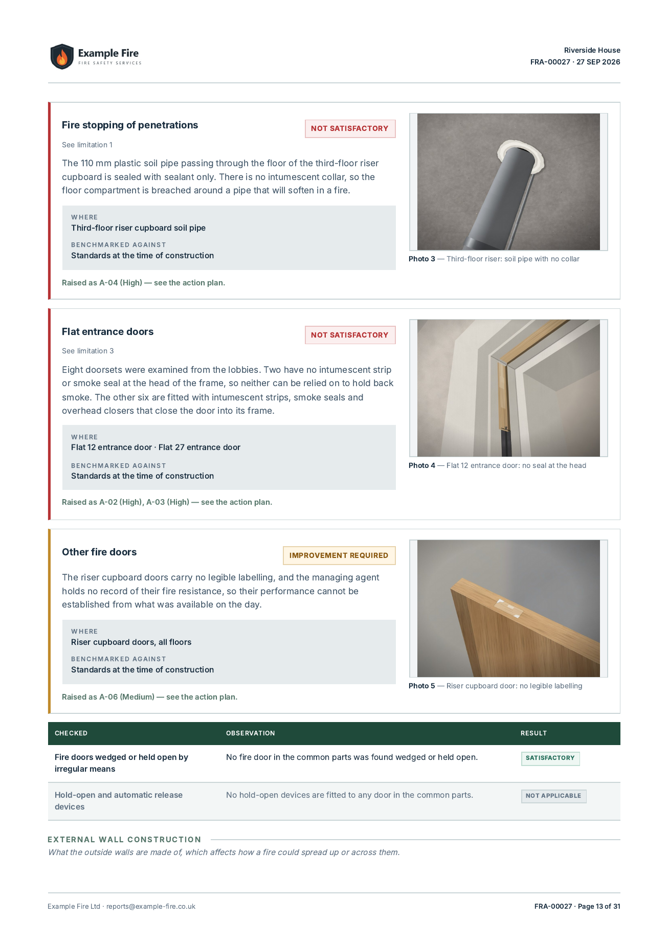 Construction section findings with photographs
