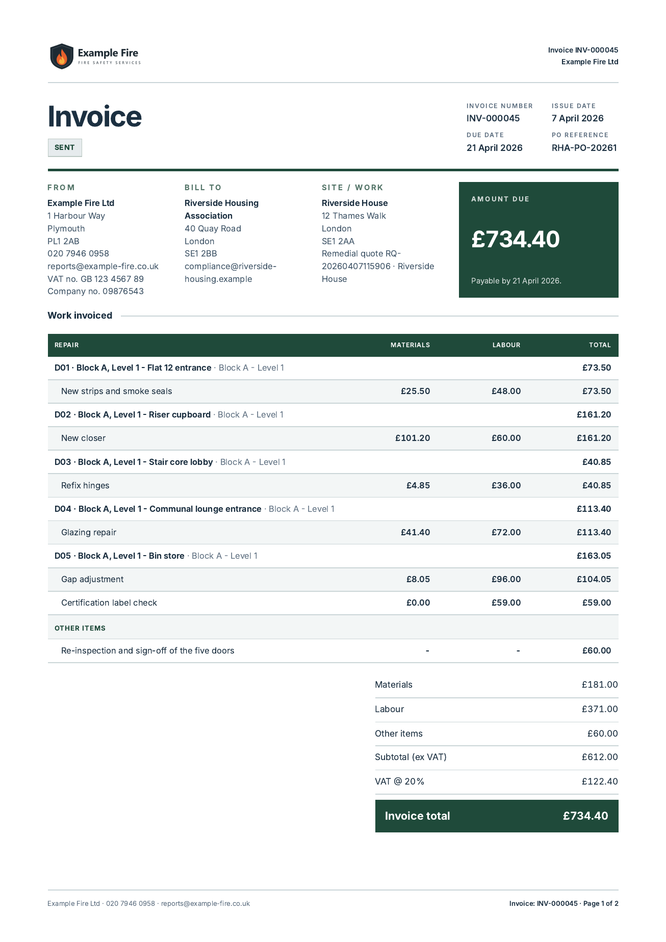 Example invoice PDF (INV-000045): billing details, the work door by door with materials and labour, totals, and how to pay.