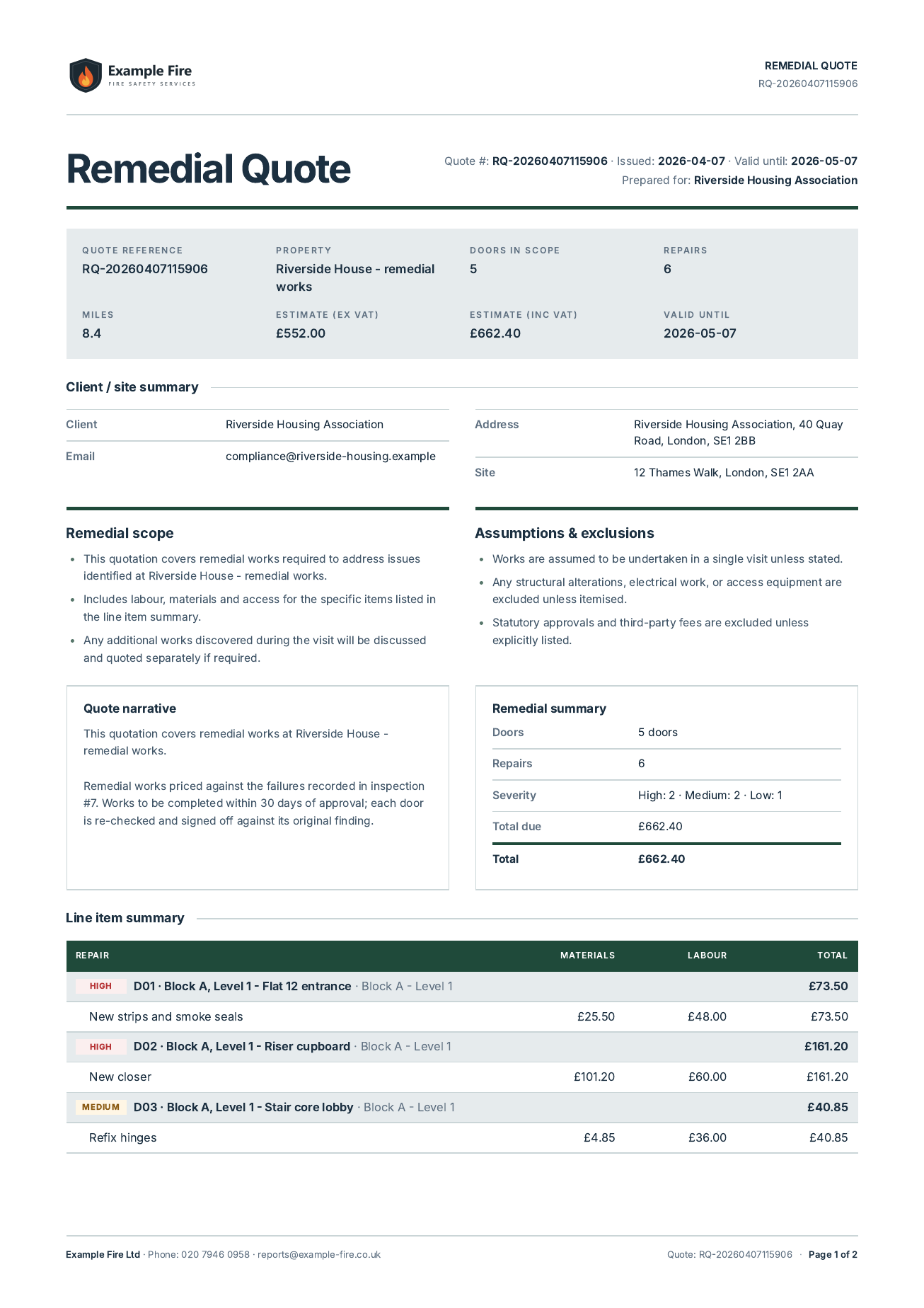 Example remedial quote PDF: scope, each door numbered as the report numbers it with its fixes priced as materials and labour, and totals.