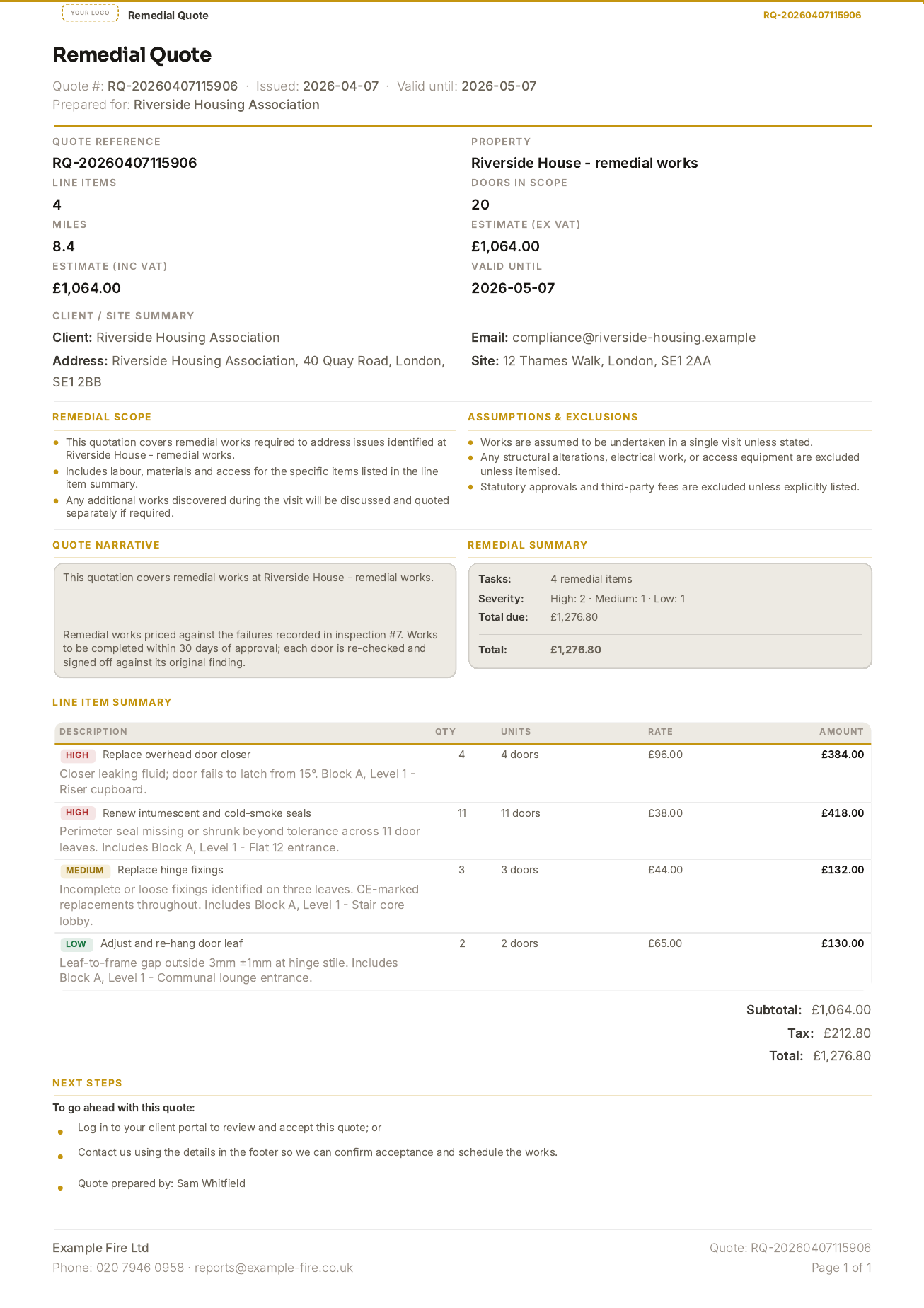 Remedial quote priced from the failures recorded on an inspection