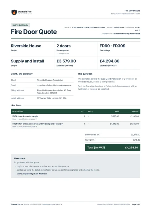 Fire door quote: a schedule of doorsets, supply and install