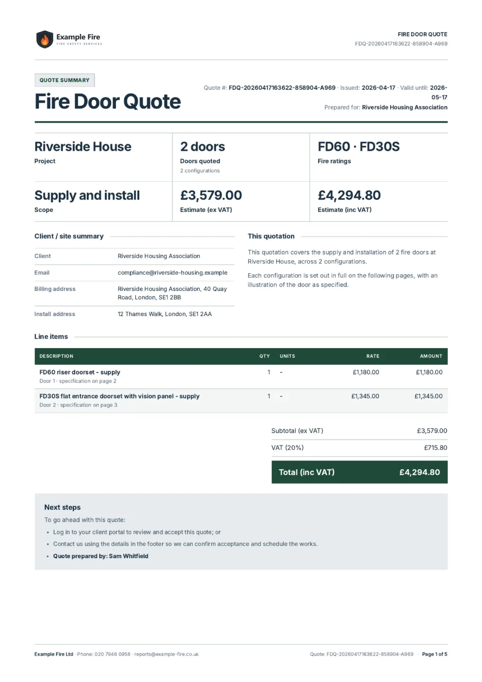 Fire door quote: a schedule of doorsets, supply and install