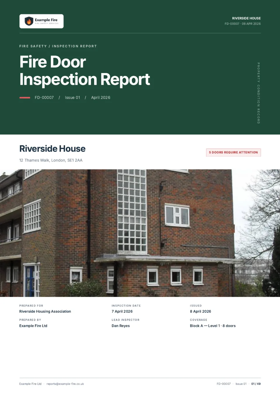 Page one of a fire door inspection report made in the app