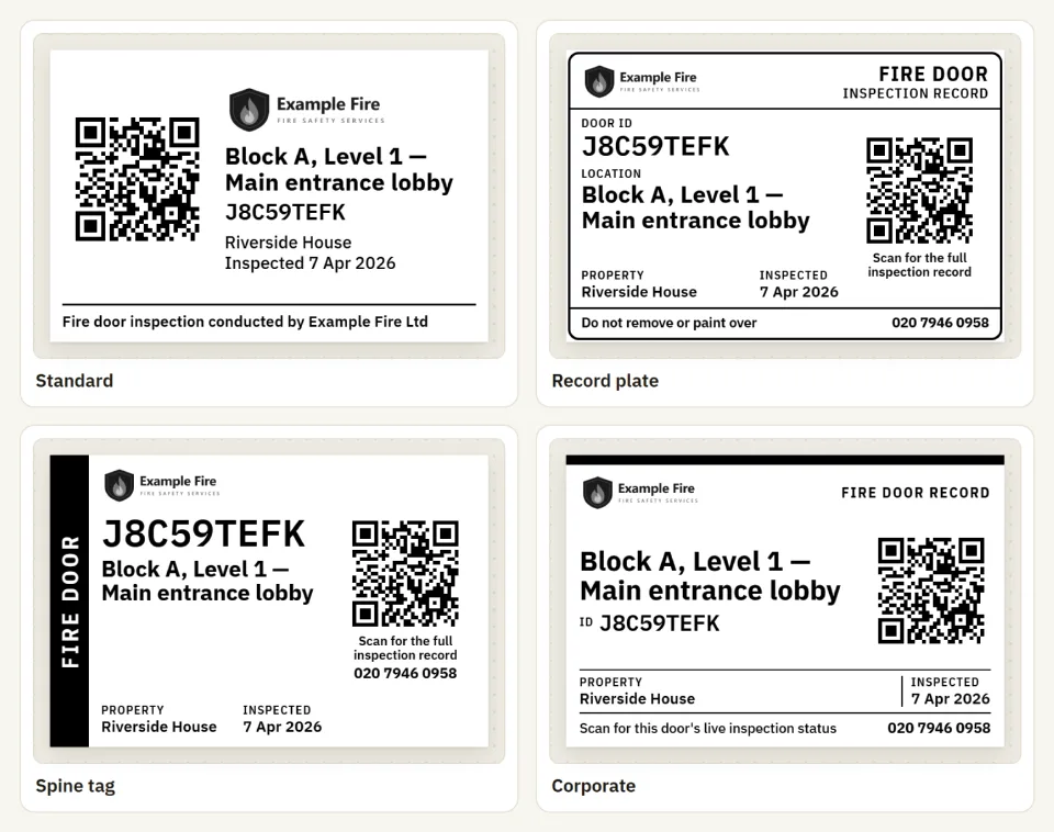 The four QR label designs at 90 × 60 mm, as the app prints them