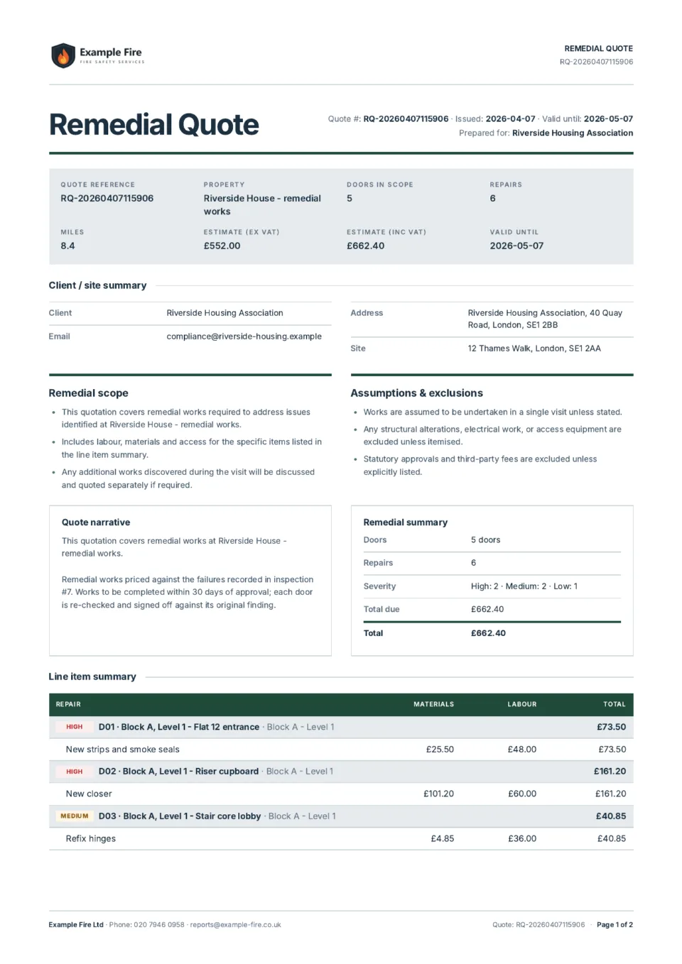Remedial quote priced from the failures recorded on an inspection