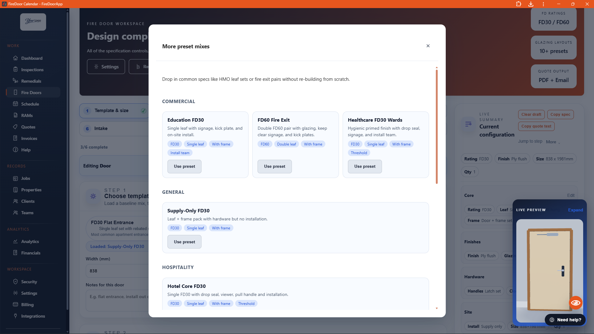 Fire Door App fire door builder preset catalogue and pricing.