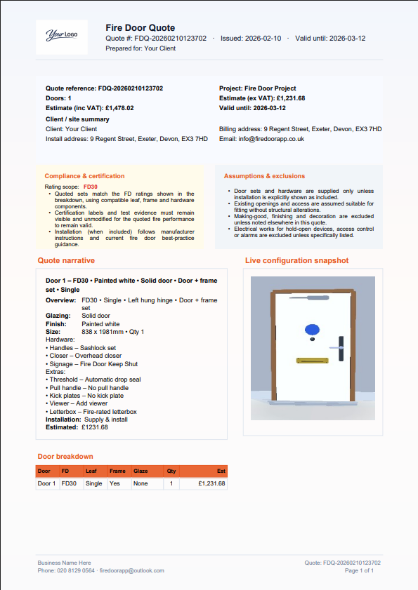 Fire Door App quote document layout preview.