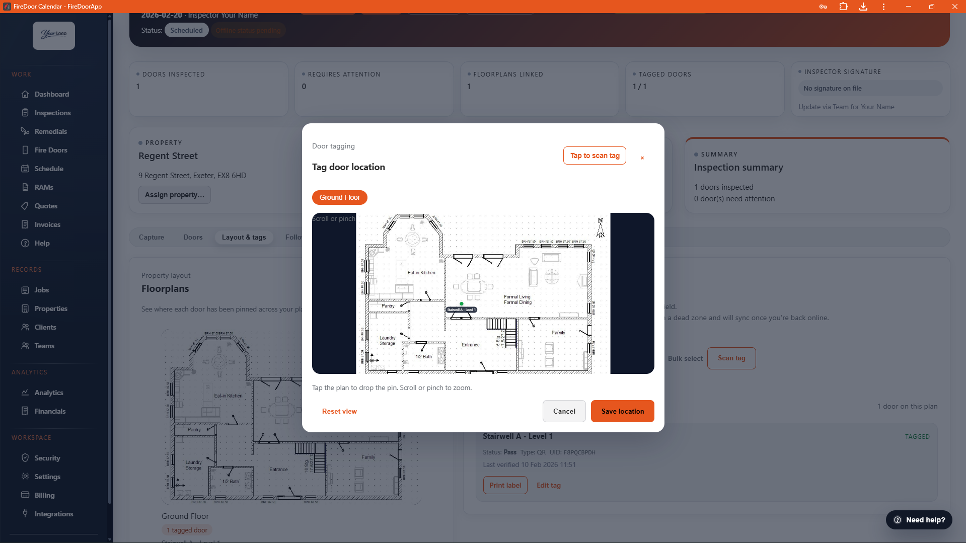 Fire Door App floorplan navigation showing locations and doors.