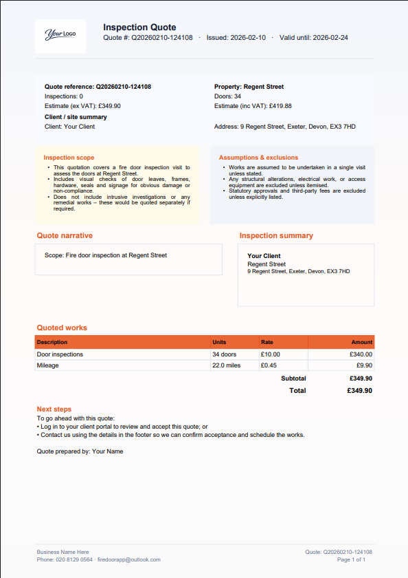 Fire Door App inspection-to-quote view showing suggested work based on findings.