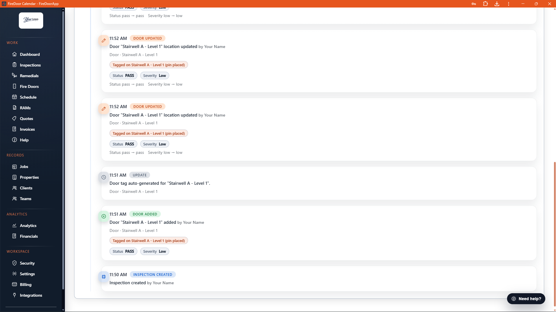 Fire Door App inspection timeline showing door-by-door history for audit trails.