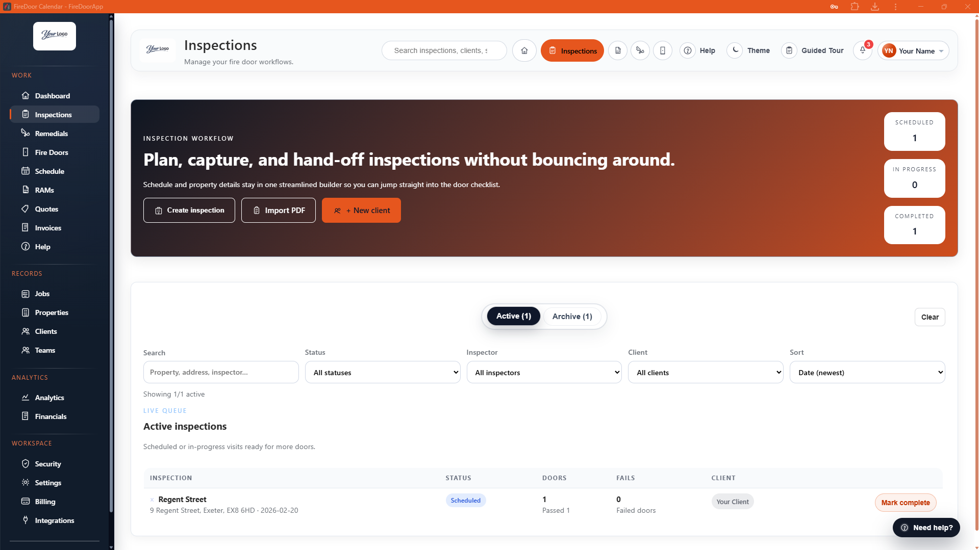 Fire Door App overview showing inspection planning and delivery.