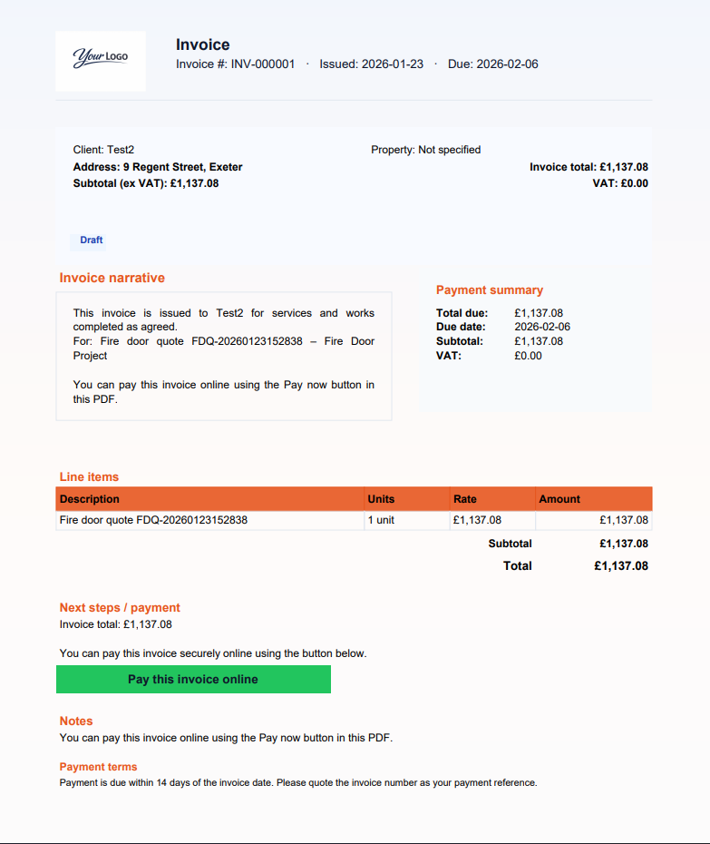 Fire Door App invoice PDF preview.