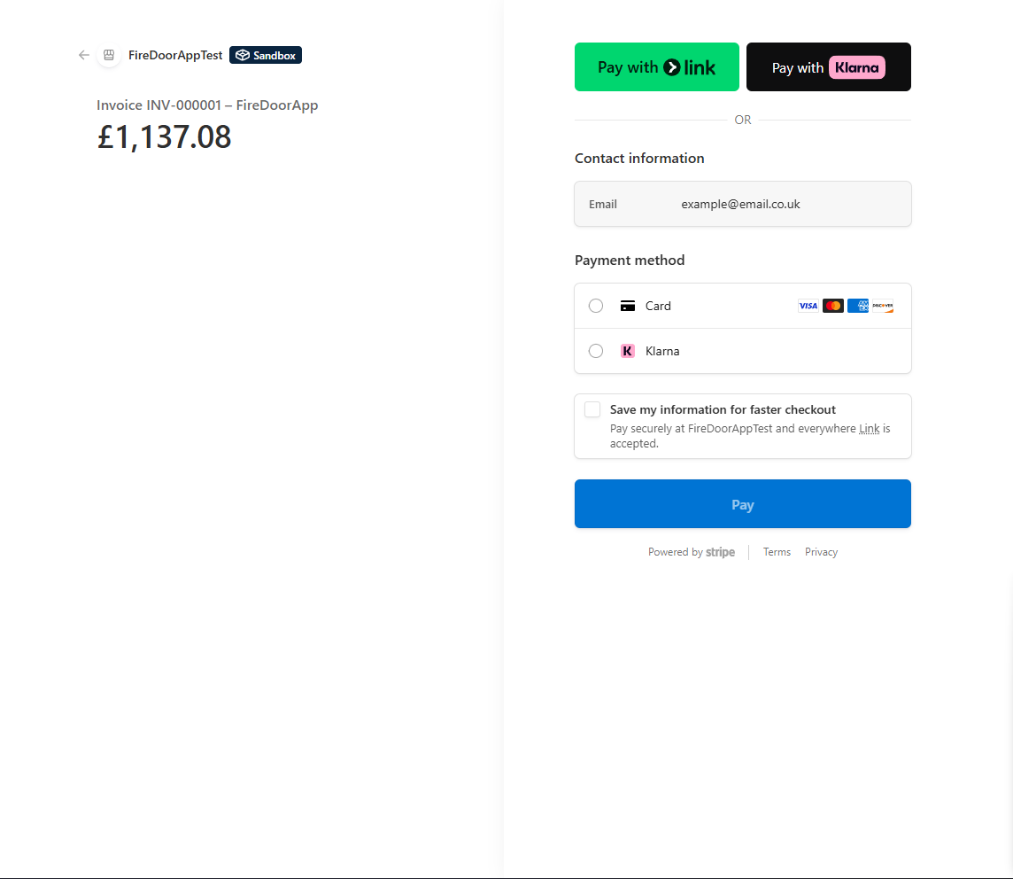 Fire Door App payment link preview.