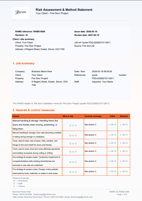 Fire Door App RAMs builder screen for creating a method statement pack.